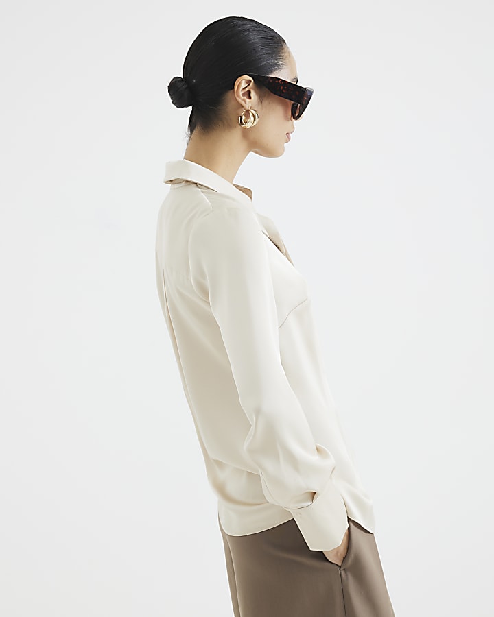 White Long Sleeve Satin Slimline Shirt