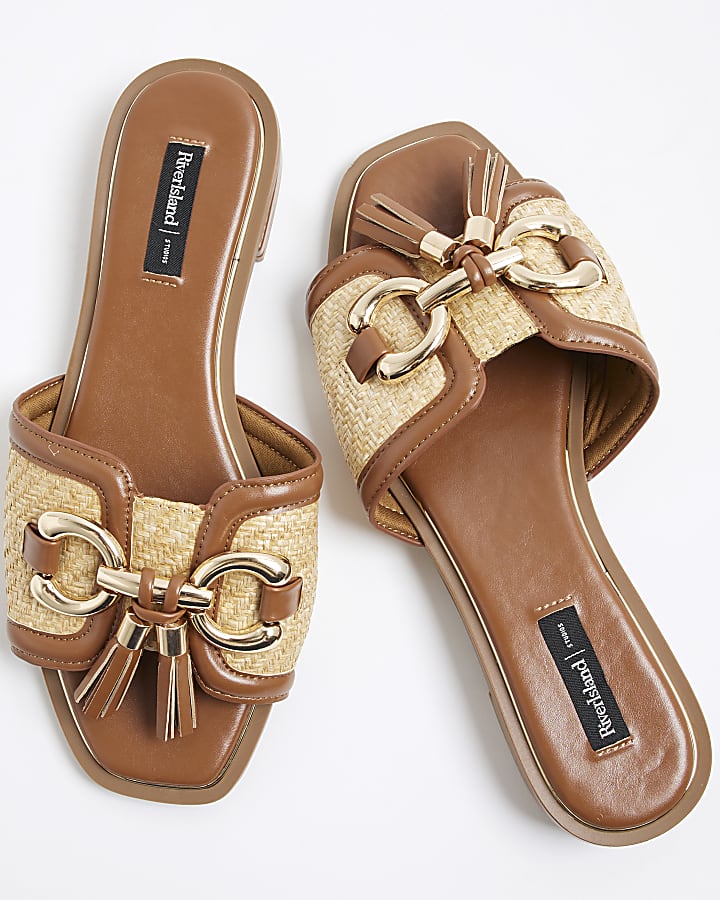 Beige Wide Fit Raffia Tassel Mule Sandals