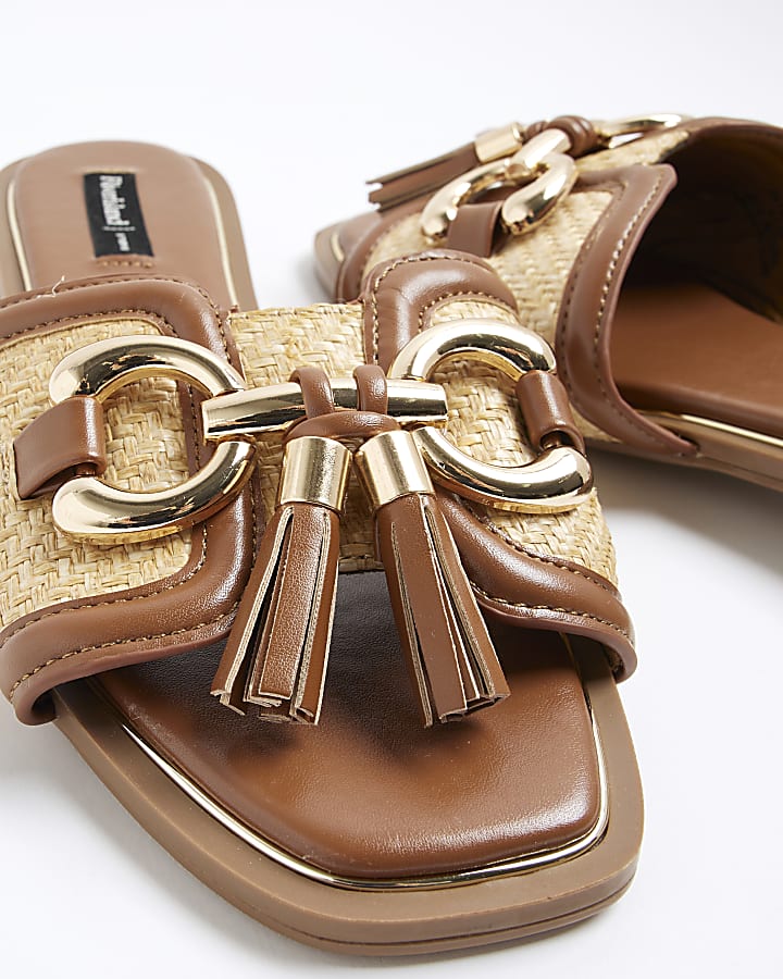 Beige Wide Fit Raffia Tassel Mule Sandals