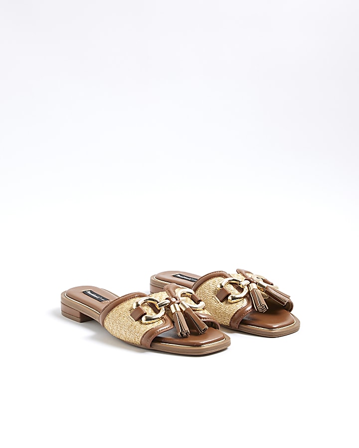 Beige Wide Fit Raffia Tassel Mule Sandals
