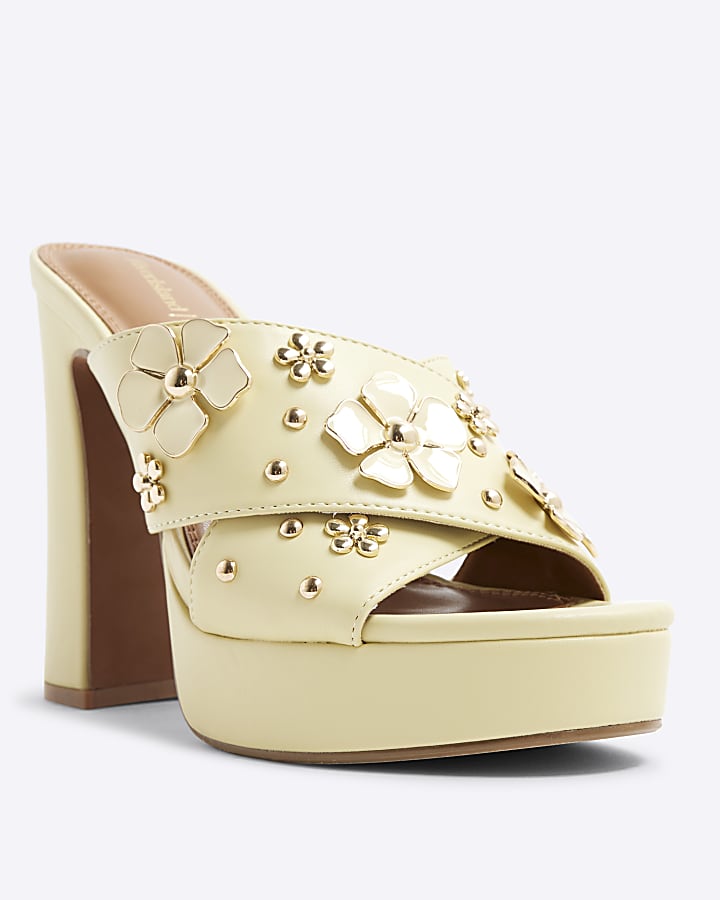 Yellow Flower Cross Strap Platform Mule Heels