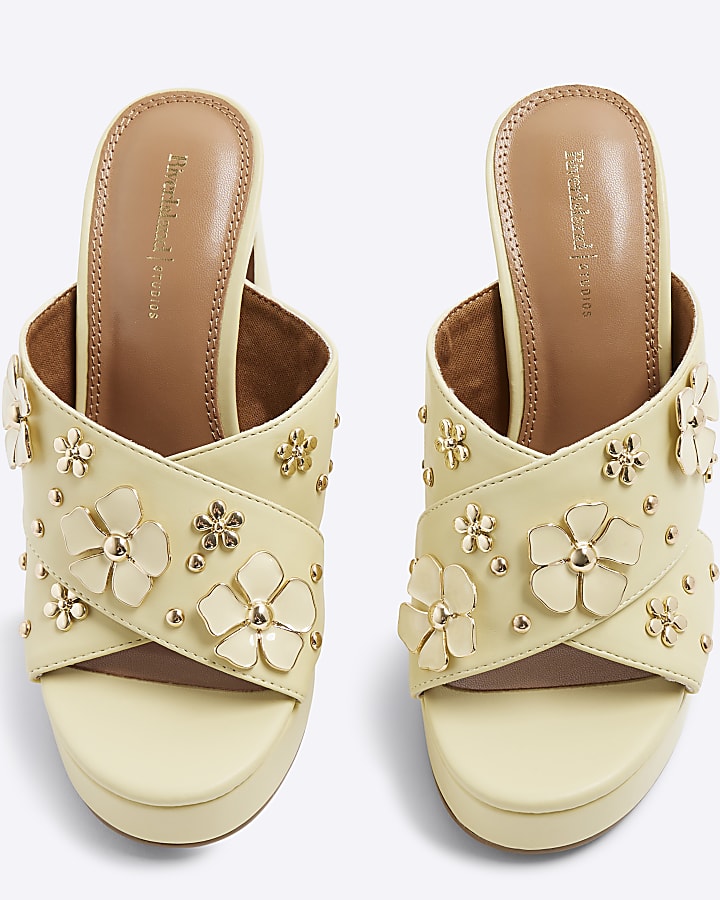 Yellow Flower Cross Strap Platform Mule Heels