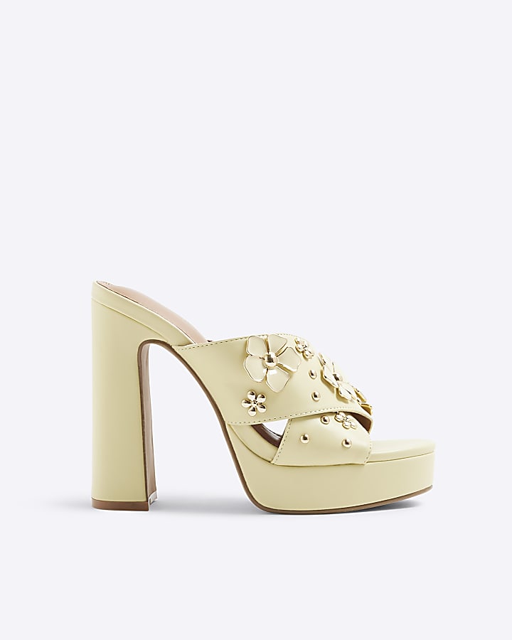 Yellow Flower Cross Strap Platform Mule Heels