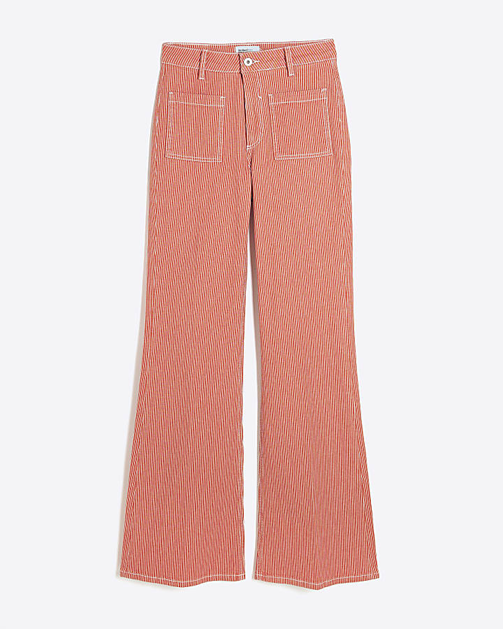 Red Relaxed Flared Leg Pinstripe Jeans