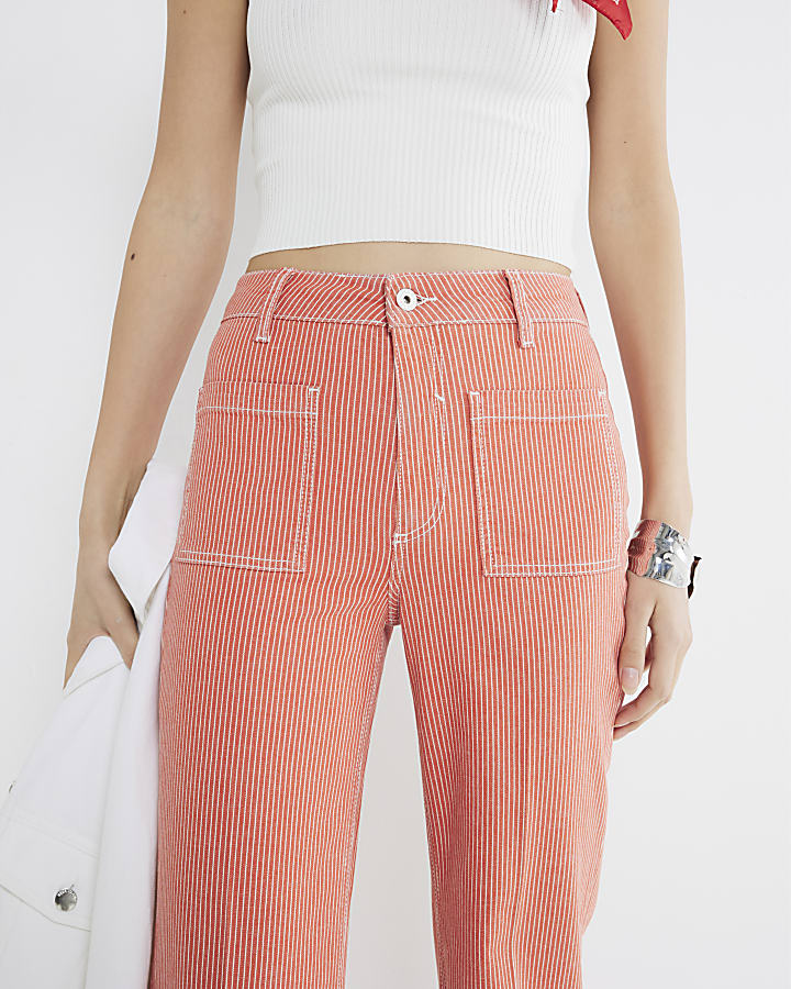 Red Relaxed Flared Leg Pinstripe Jeans