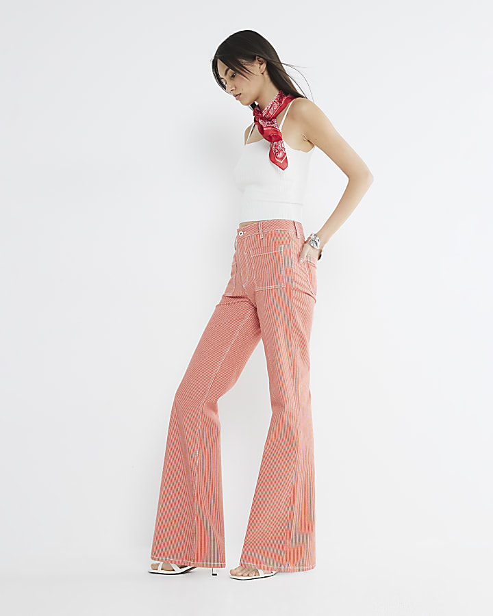 Red Relaxed Flared Leg Pinstripe Jeans