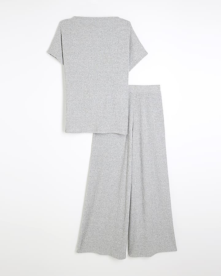 Grey Ribbed Tunic and Wide Leg Trousers Set