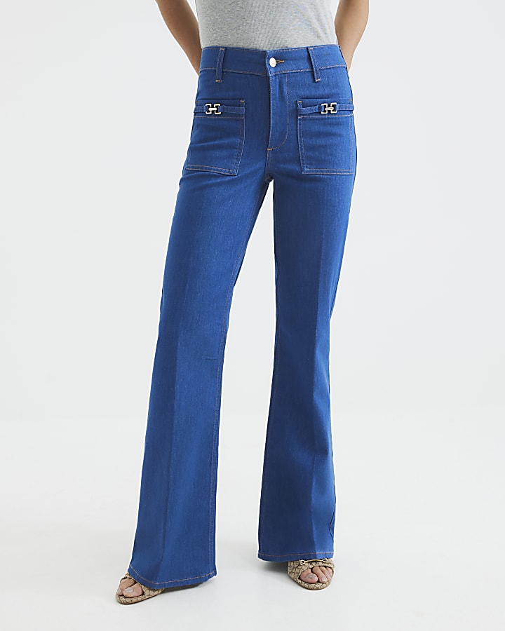 Blue High Rise Relaxed Flared Jeans