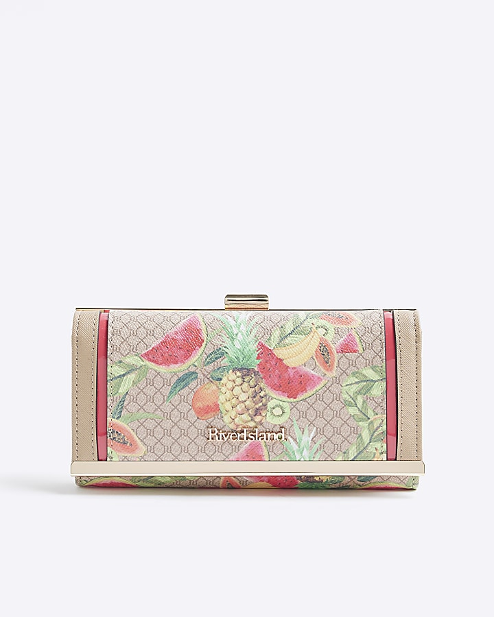 Beige Tropical Monogram Print Purse