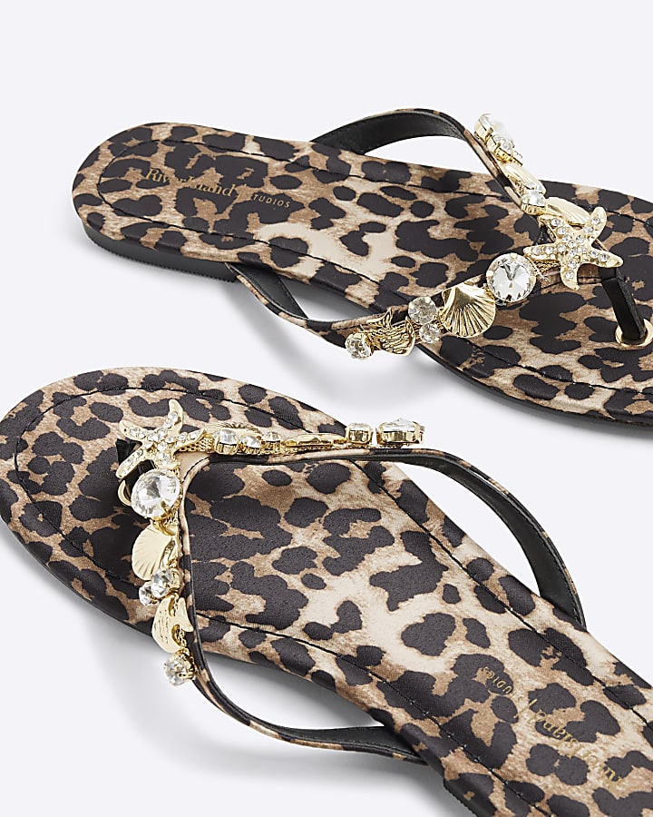 Brown Leopard Print Starfish Charm Flip Flops