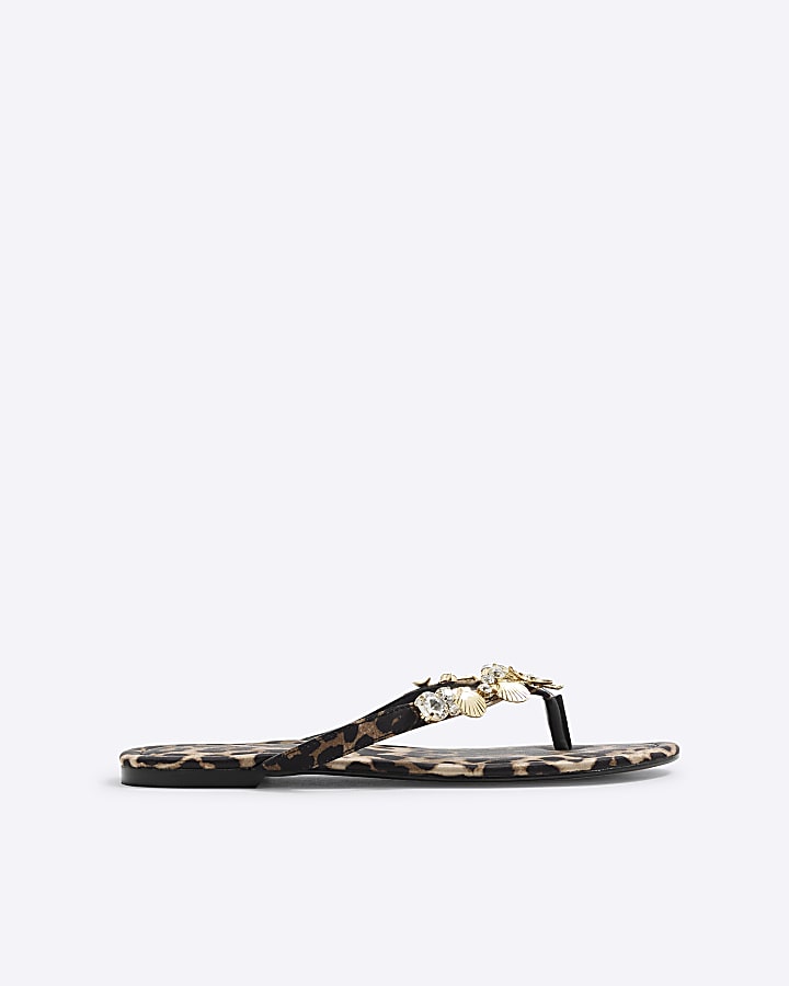 Brown Leopard Print Starfish Charm Flip Flops