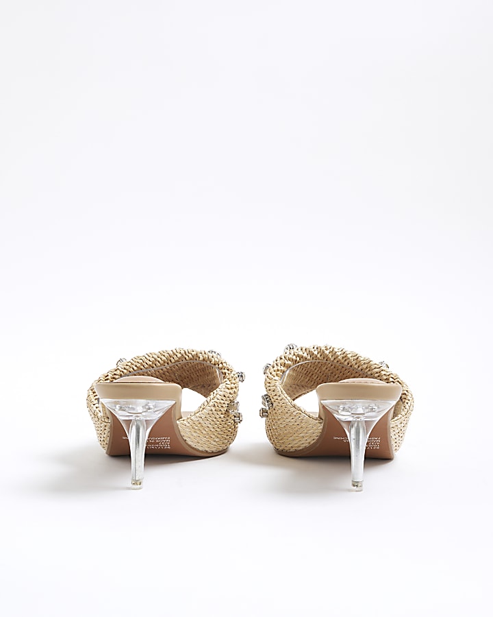Beige Raffia Twist Heeled Mule Sandals