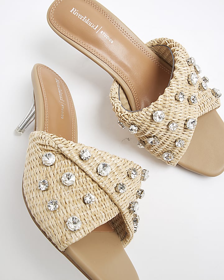 Beige Raffia Twist Heeled Mule Sandals