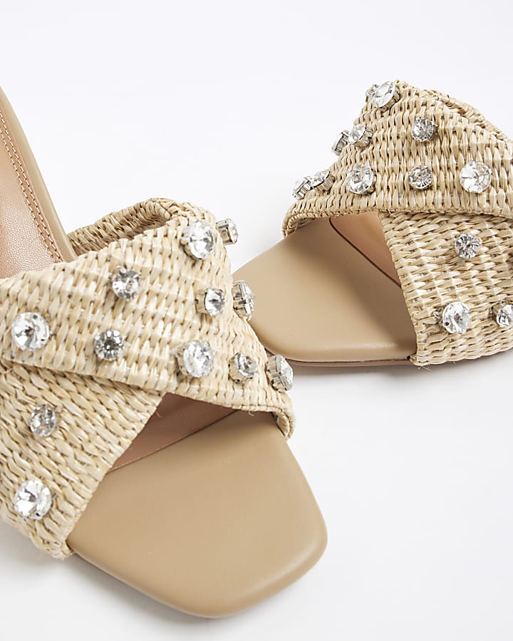 Beige Raffia Twist Heeled Mule Sandals