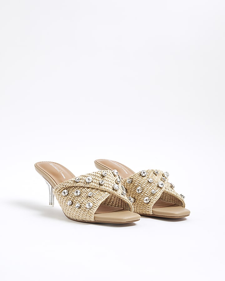 Beige Raffia Twist Heeled Mule Sandals