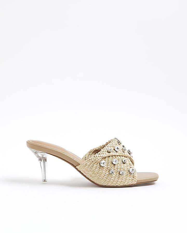 Beige Raffia Twist Heeled Mule Sandals