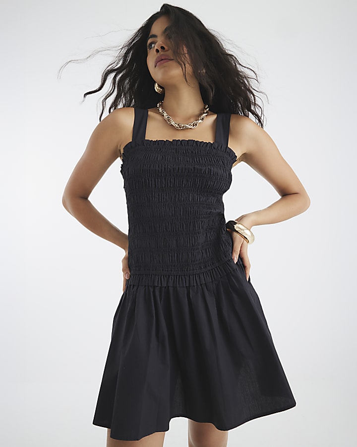 Black Shirred Mini Dress