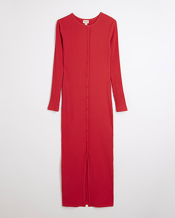 Red Long Sleeve Button Through Midi Dress