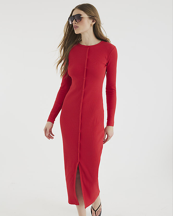 Red Long Sleeve Button Through Midi Dress