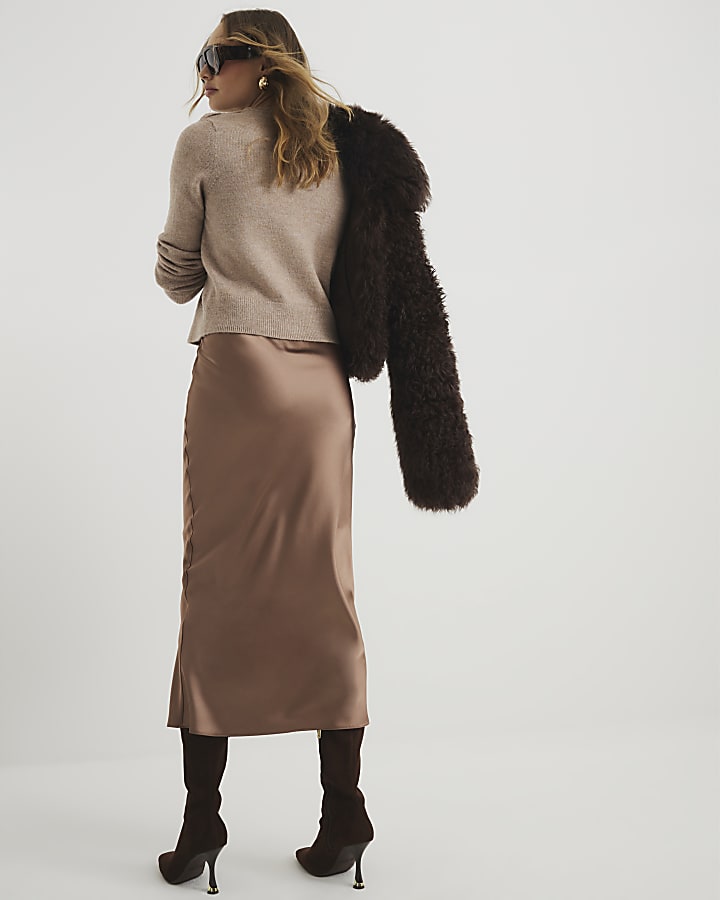 Brown Satin Maxi Skirt