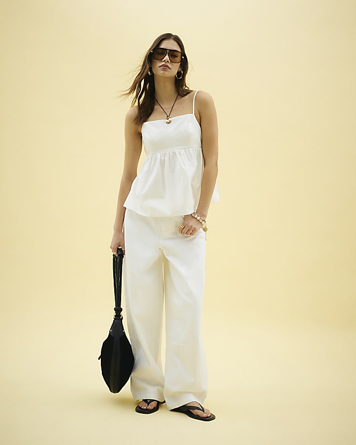 White Sleeveless Tie Back Peplum Cami Top