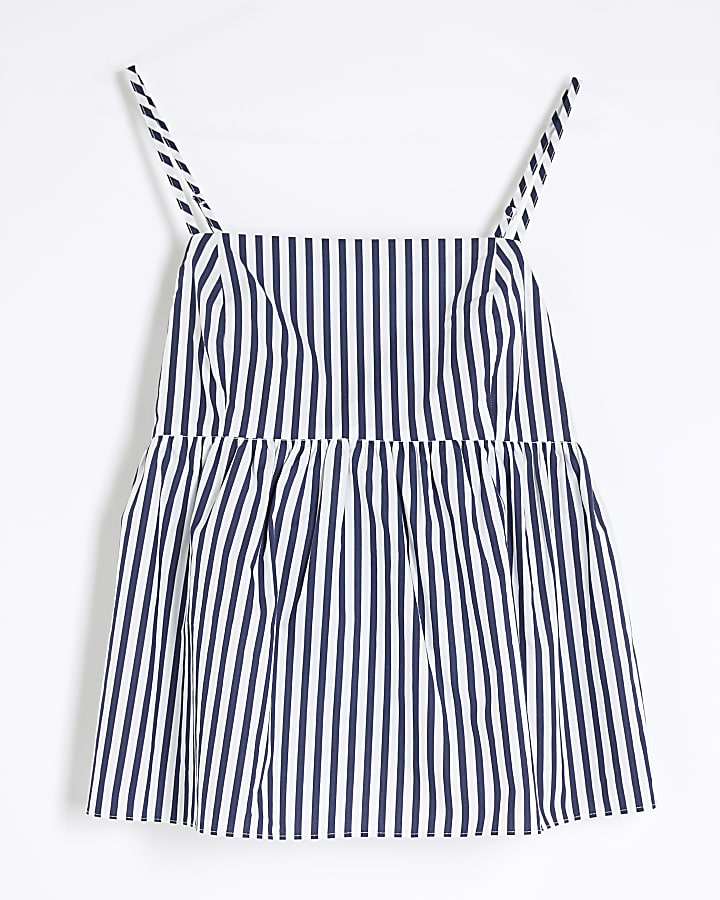 Blue Striped Tie Back Peplum Cami Top