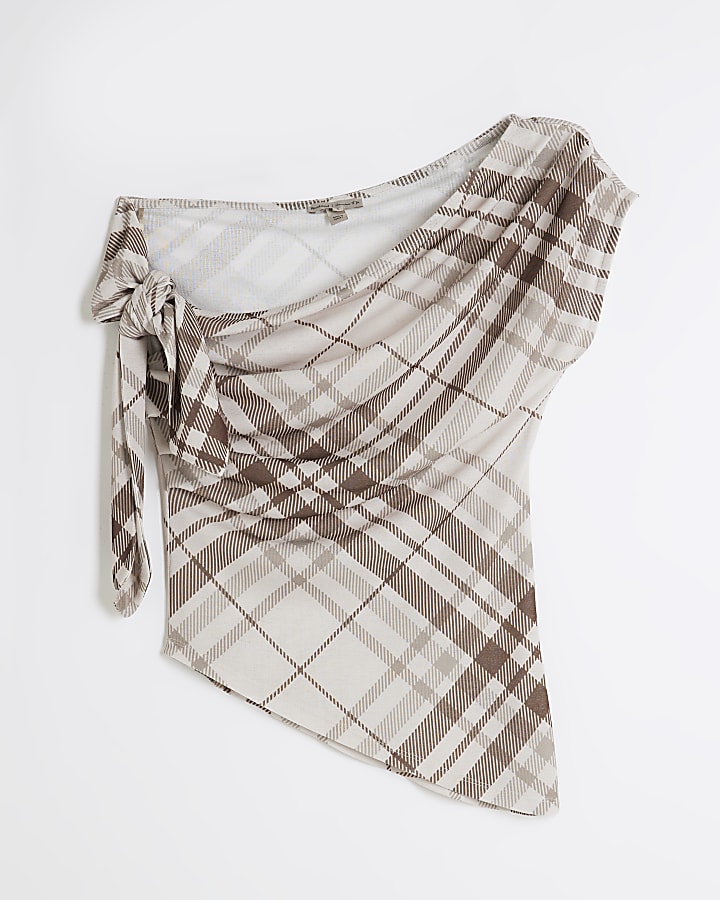 Beige Drape Tie Check Asymmetric Top