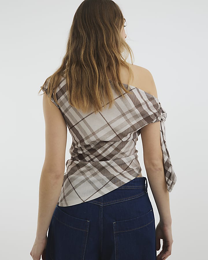 Beige Drape Tie Check Asymmetric Top