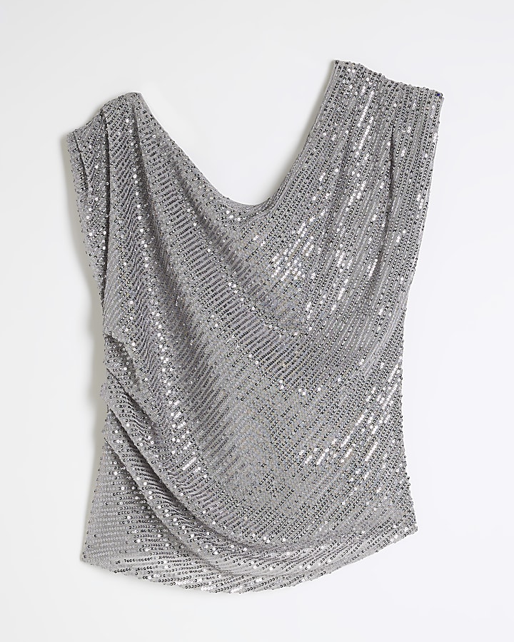 Grey Short Sleeve Sequin Drape Top