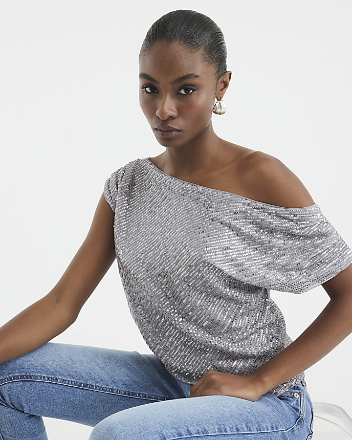 Grey Short Sleeve Sequin Drape Top