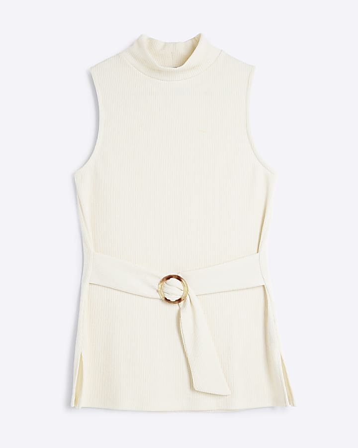 Cream Ribbed Belt Tunic Top