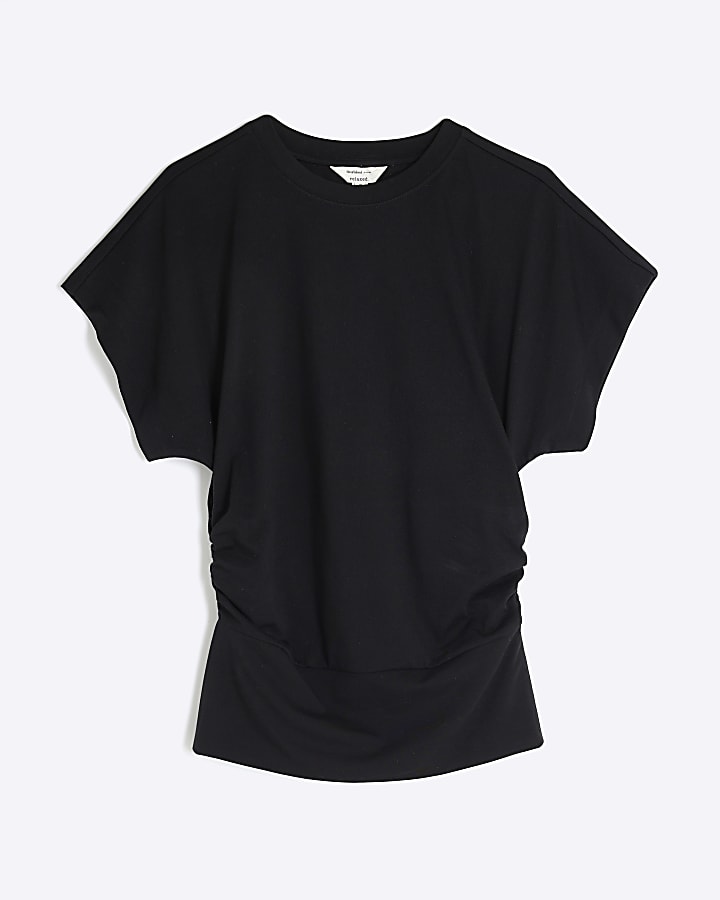 Black Ruched Side Kimono Sleeve T-shirt