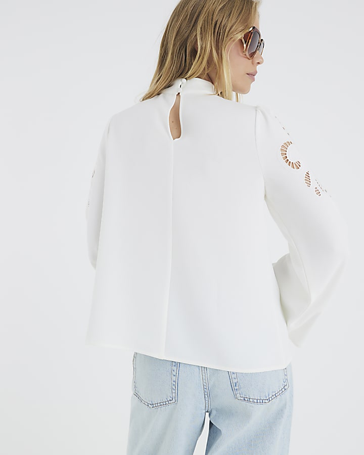 White Long Sleeve Cutwork Blouse