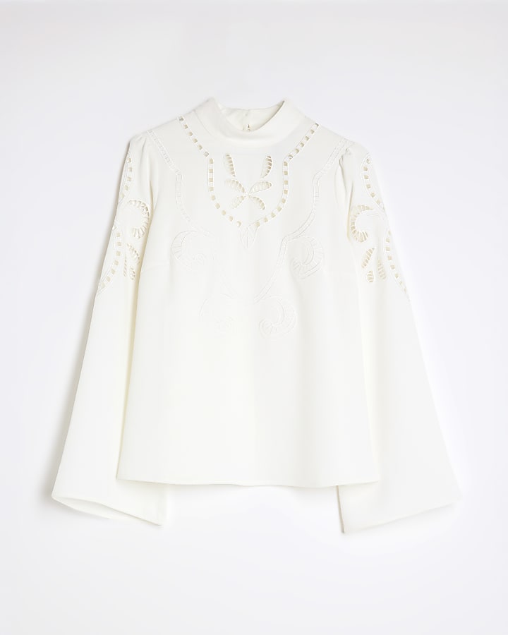 White Long Sleeve Cutwork Blouse