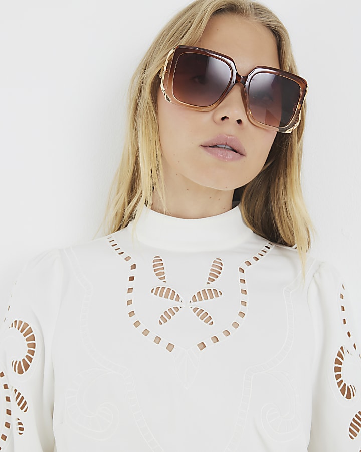 White Long Sleeve Cutwork Blouse