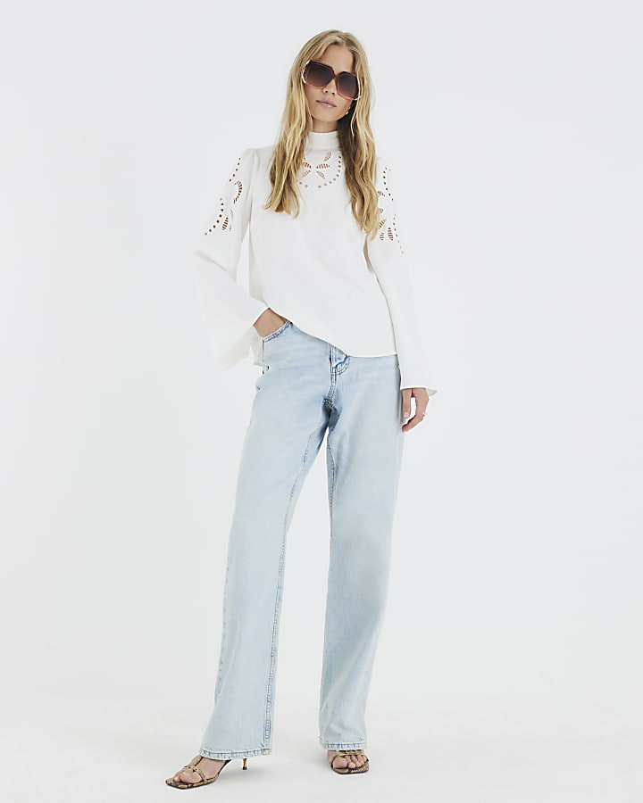 White Long Sleeve Cutwork Blouse