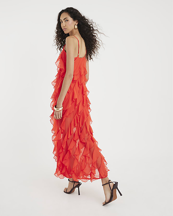Red Sleeveless Ruffle Midi Dress
