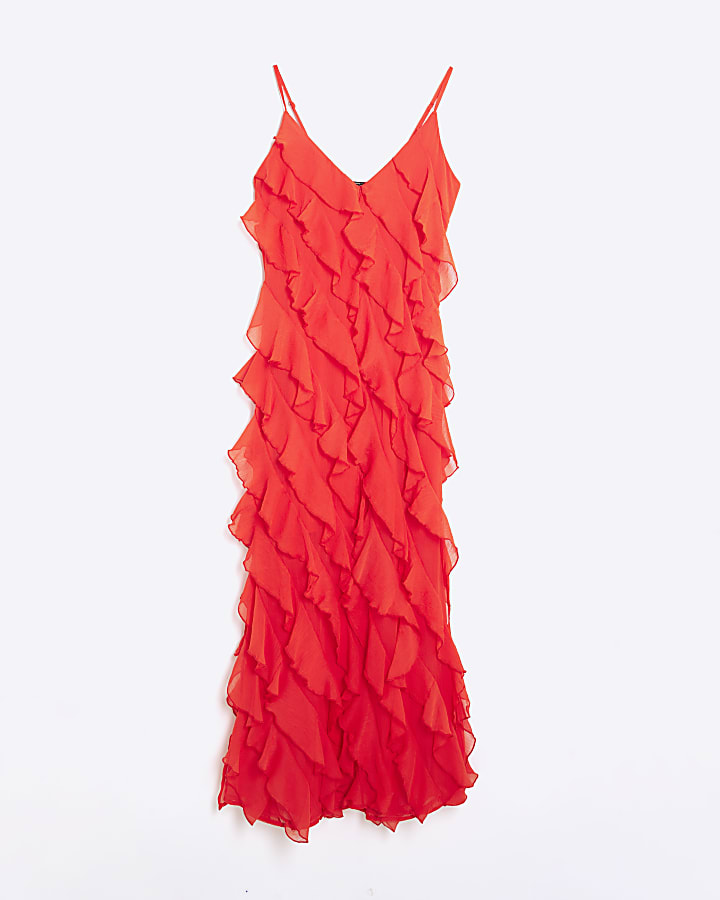Red Sleeveless Ruffle Midi Dress