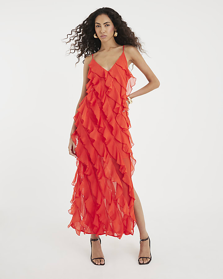 Red Sleeveless Ruffle Midi Dress