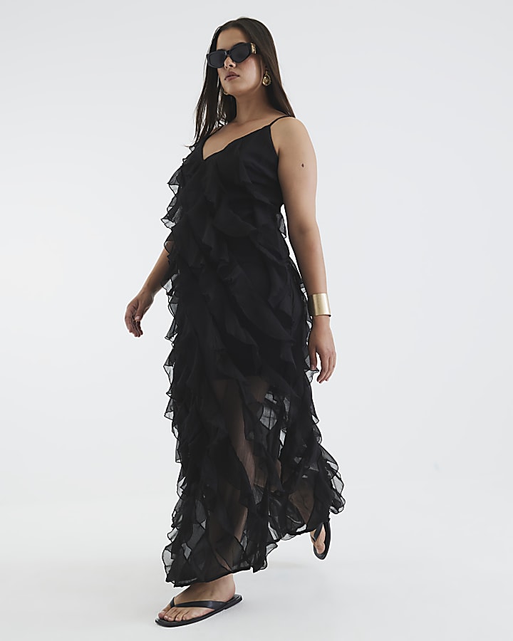 Black Sleeveless Ruffle Midi Dress
