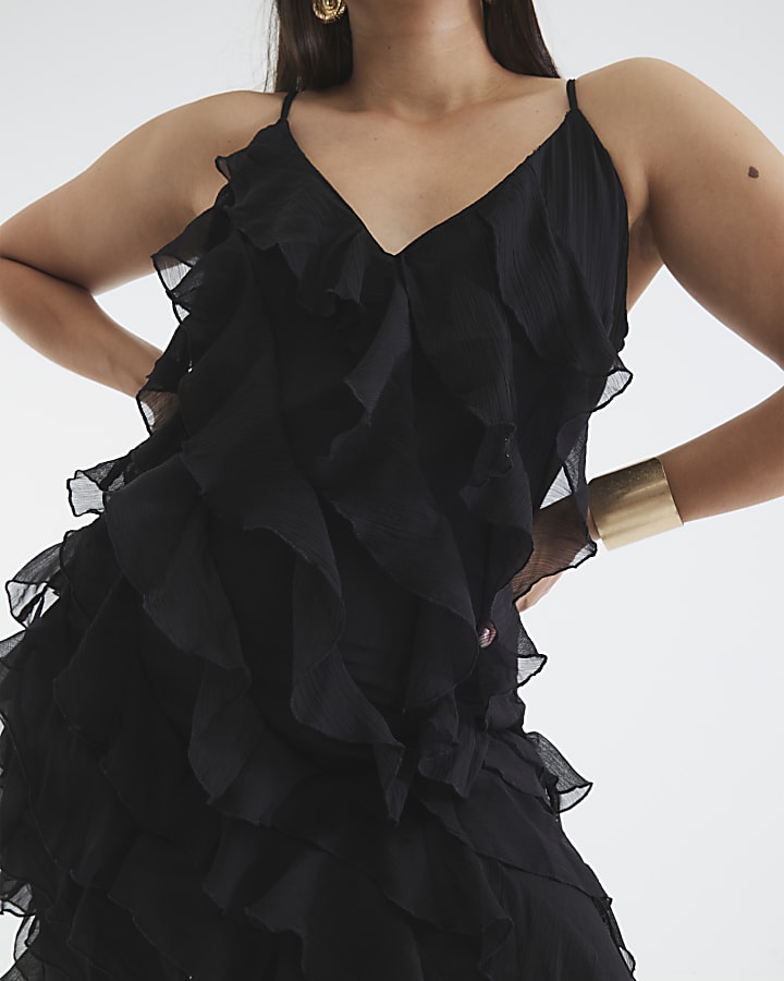 Black Sleeveless Ruffle Midi Dress