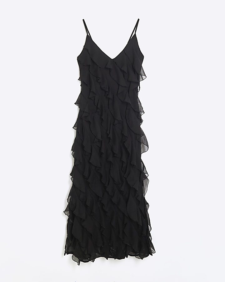 Black Sleeveless Ruffle Midi Dress