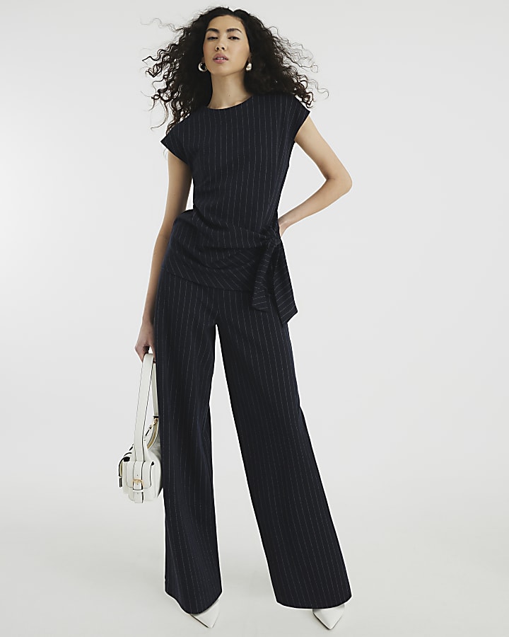 Navy Drawstring Pinstripe Trousers