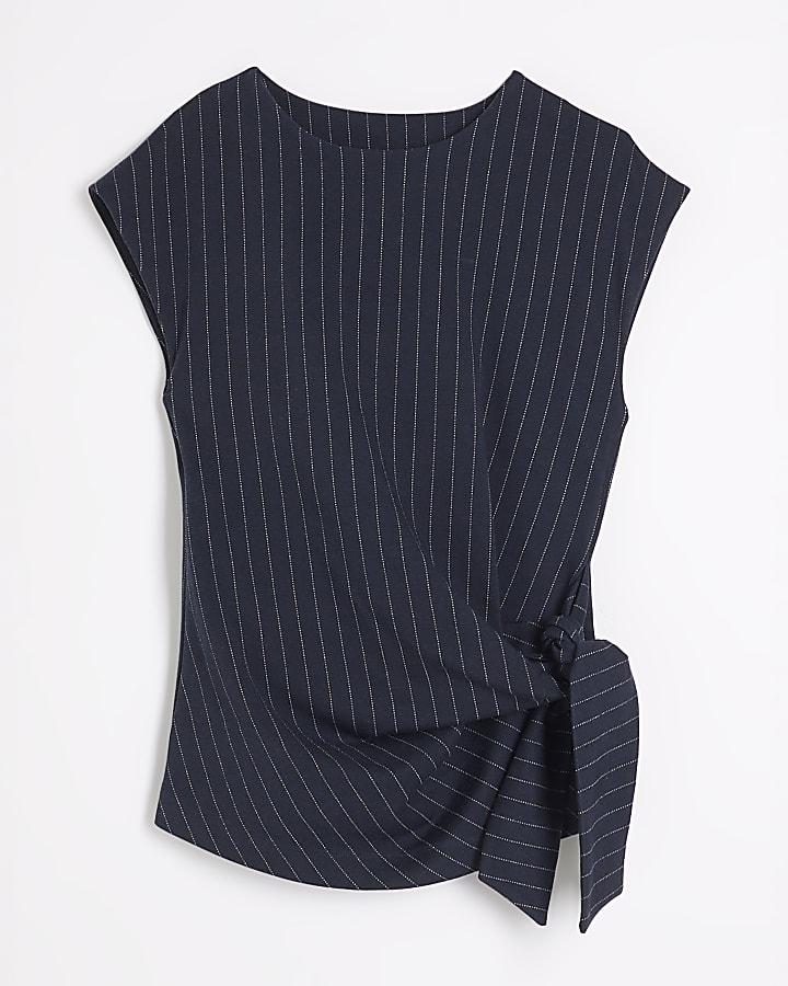 Navy Short Sleeve Pinstripe Tie Detail Top