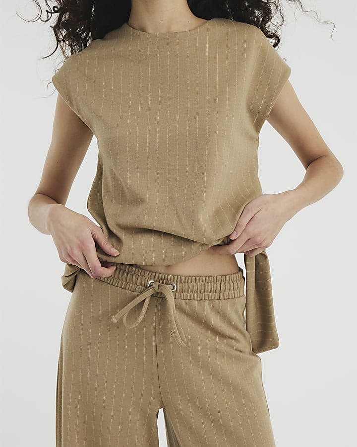 Beige Drawstring Pinstripe Trousers