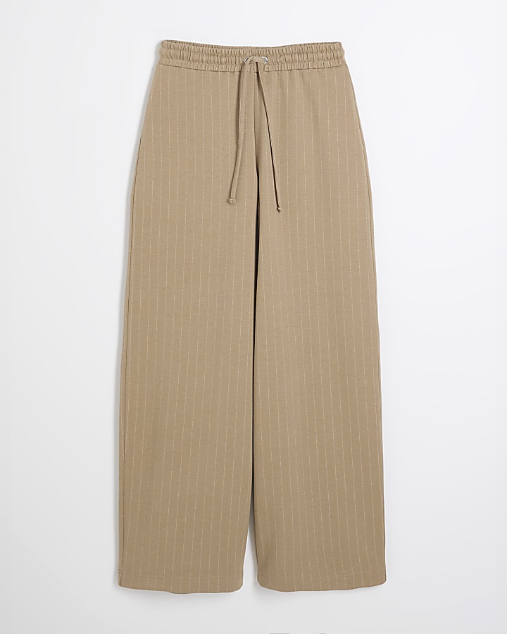 Beige Drawstring Pinstripe Trousers