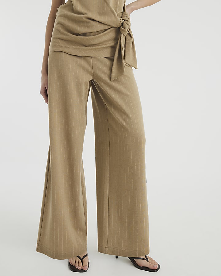 Beige Drawstring Pinstripe Trousers