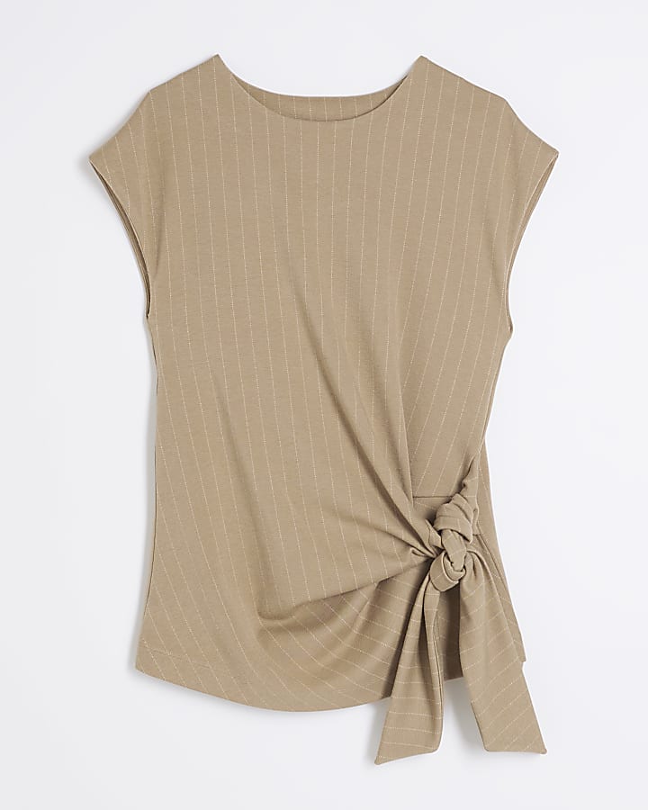 Beige Short Sleeve Pinstripe Tie Detail Top