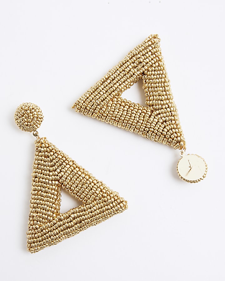 Gold Beaded Triangle Drop Earrings