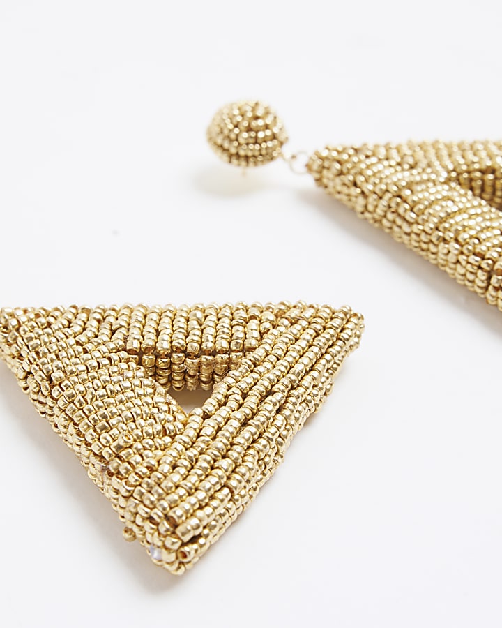 Gold Beaded Triangle Drop Earrings